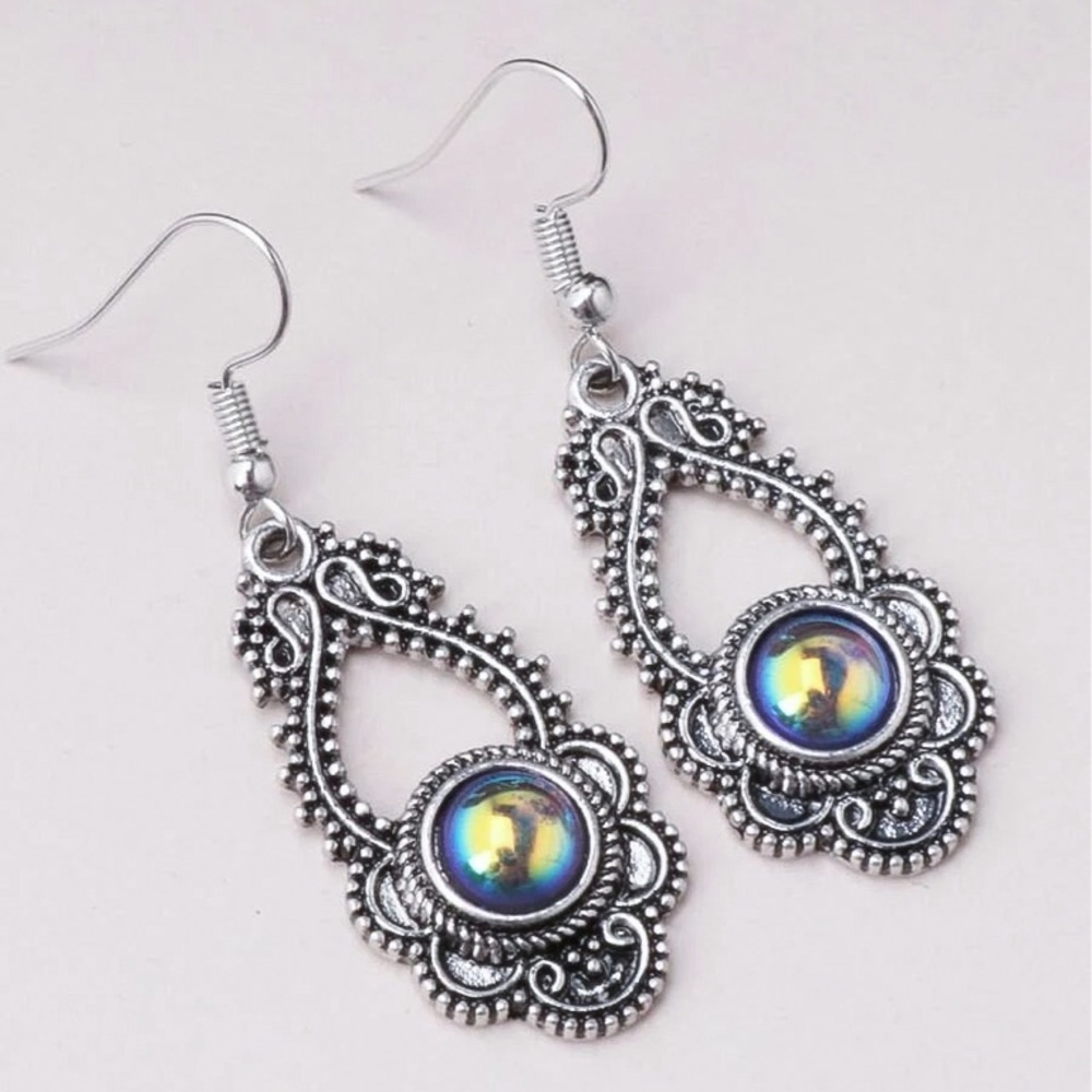 Any 2/$20! Antiqued Silver Iridescent Gem Boho Drop Earrings - Picture 2 of 5